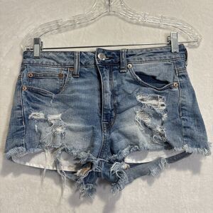 American Eagle Shorts Size 6 Hi Rise Festival Stretch Blue Denim Distressed